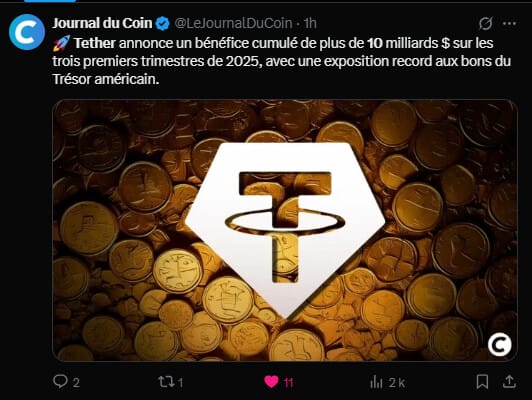 Tether est la société derrière le stablecoin USDT et depuis plusieurs années, l’entreprise dévoile des résultats trimestriels toujours plus incroyables. Dernièrement, après les chiffres du Q3, la société a déclaré avoir engrangé 10 milliards de dollars de bénéfices depuis le début de l'année, et il reste encore le dernier trimestre avant la clôture ! Le business des stablecoins est une véritable poule aux œufs d'or et on comprend pourquoi tout le monde se presse au portillon. 