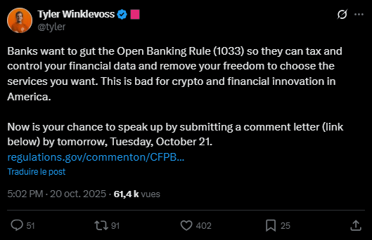 L’écosystème des cryptomonnaies repose sur des principes fondateurs comme l’autodétermination monétaire et la liberté financière. C’est la raison pour laquelle il s’oppose de manière systématique aux tentatives de contrôle appliquées par les instances réglementaires. Dans le même temps, il soutient activement toute initiative visant à redonner le pouvoir aux consommateurs, une dynamique à l’origine de la règle d’Open Banking imposée aux banques par le Consumer Financial Protection Bureau (CFPB) des États-Unis. Mais ces dernières ne semblent pas décidées à se laisser faire…