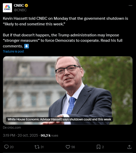 Le shutdown du gouvernement américain pourrait prendre fin cette semaine, selon Kevin Hassett, conseiller économique de la Maison-Blanche. Cette déclaration intervient alors que le blocage budgétaire a paralysé de nombreuses activités fédérales depuis le 1er octobre, y compris la réglementation des cryptomonnaies. Le shutdown, qualifié de « Schumer shutdown » par Kevin Hassett, en référence au leader démocrate Chuck Schumer, pourrait voir sa conclusion grâce à une coopération accrue entre les deux partis.
