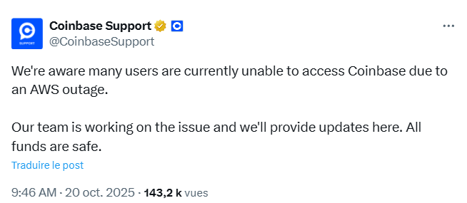 Une panne géante d’Amazon Web Service (AWS) affecte notamment Coinbase.