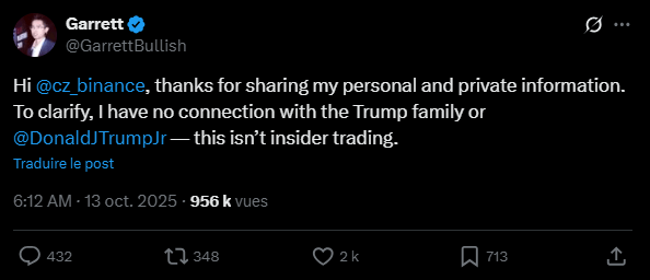 Le marché des cryptomonnaies est en ébullition depuis quelques jours suite à des accusations de délit d'initié visant Garrett Jin, l'ancien PDG de BitForex. Ce dernier aurait orchestré une vente à découvert (short) massive de Bitcoin (BTC), d'une valeur de plus de 700 millions de dollars, juste avant que Donald Trump n'annonce des tarifs douaniers punitifs contre la Chine. Tandis que l'annonce provoquait un crash historique et des liquidations de 19 milliards de dollars, l'opération a soulevé des soupçons de fuite d'informations. Garrett Jin, bien qu'il reconnaisse un lien avec le portefeuille, nie tout délit et affirme que les fonds appartenaient à un client.
