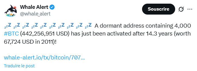 Une baleine de Bitcoin de l’ère Satoshi vient de réveiller 4 000 BTC endormis depuis 2011.