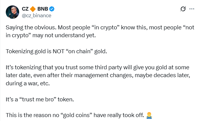 CZ dénonce un modèle basé sur un tiers de confiance, là où Bitcoin n'a pas besoin d'intermédiaire.