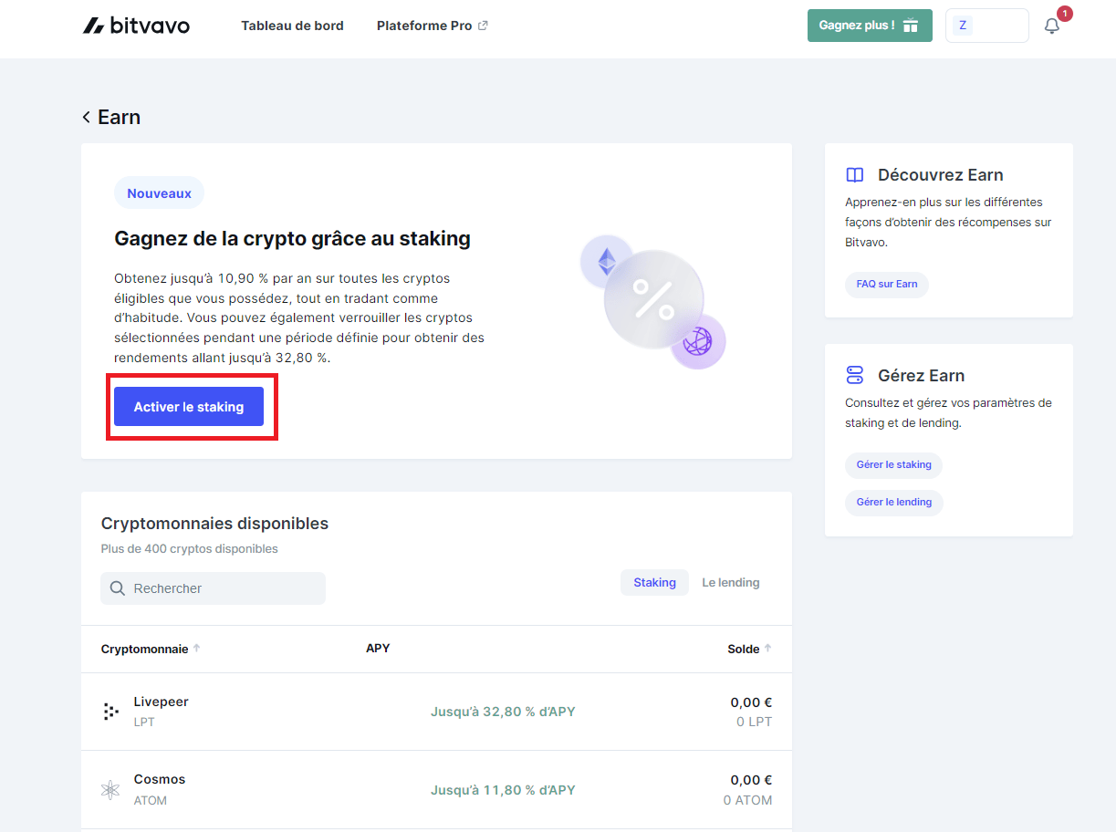 Activation du staking chez Bitvavo