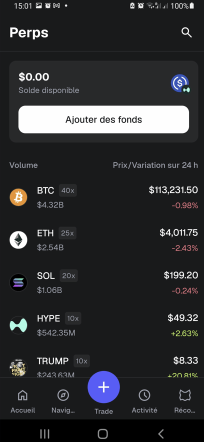 Trading de perps sur Metamask
