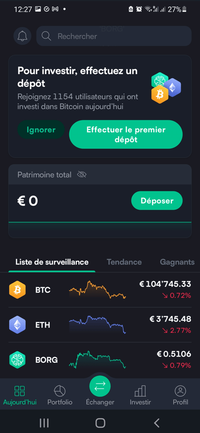 Onglet « Aujourd'hui » sur l'application de Swissborg