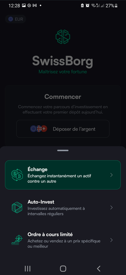 Onglet « Echanger » sur l'application de Swissborg
