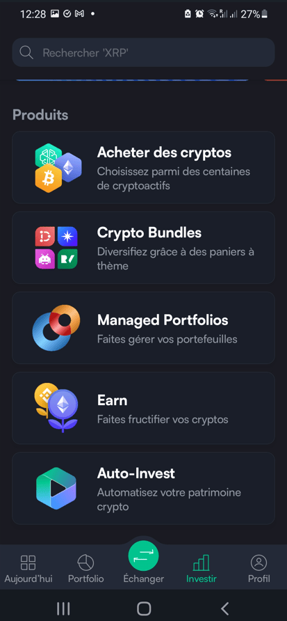 Onglet « Investir » sur l'application de Swissborg