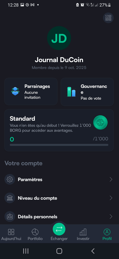 Onglet « Profil » sur l'application de Swissborg