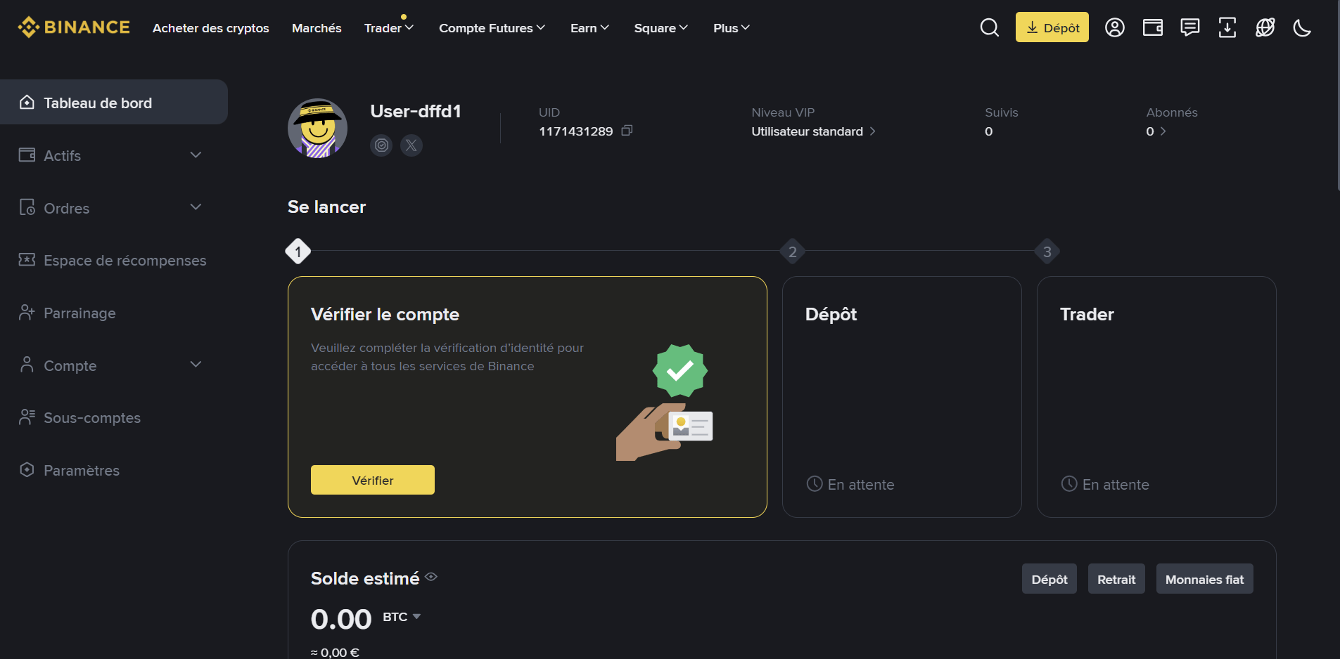 Menu « Profil » sur Binance pour vérification d'identité