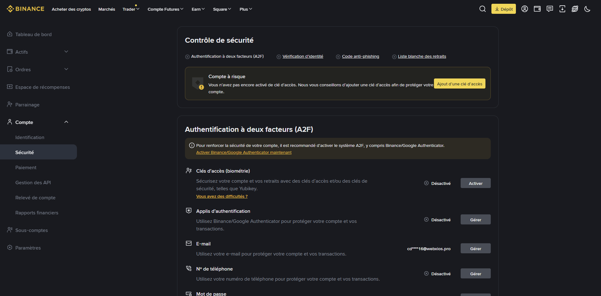 Sécurité du compte sur Binance