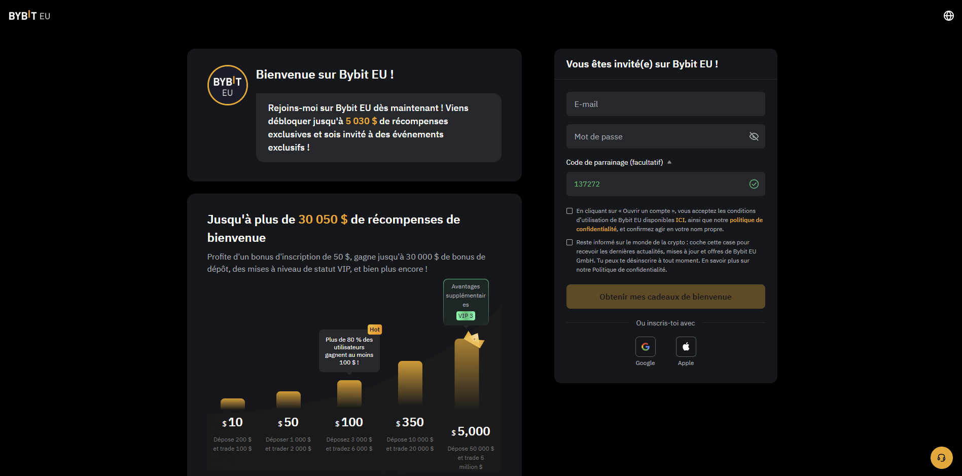 Inscription sur Bybit par le biais denotre lien d'affiliation