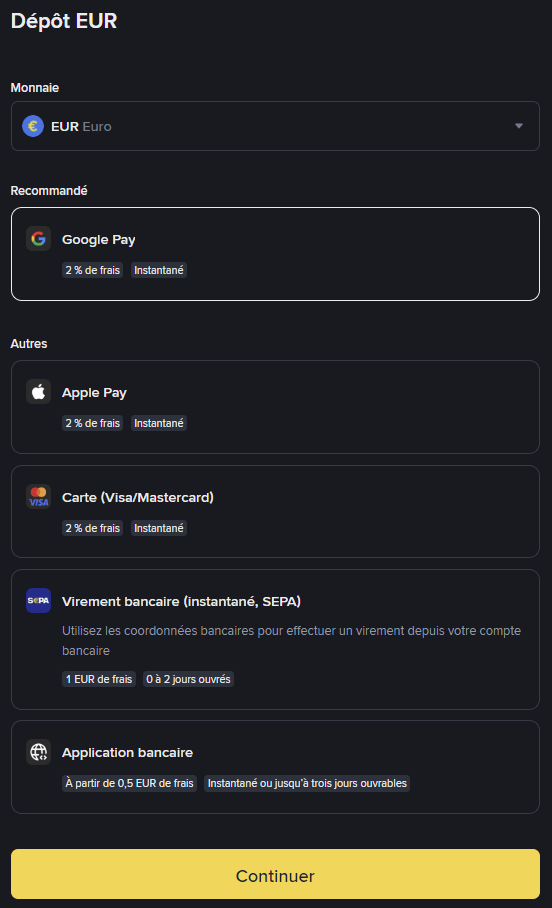 Les moyens de dépôts pouvant être utilisés sur Binance sont nombreux, la plateforme accepte les cartes bancaires et les virements SEPA.