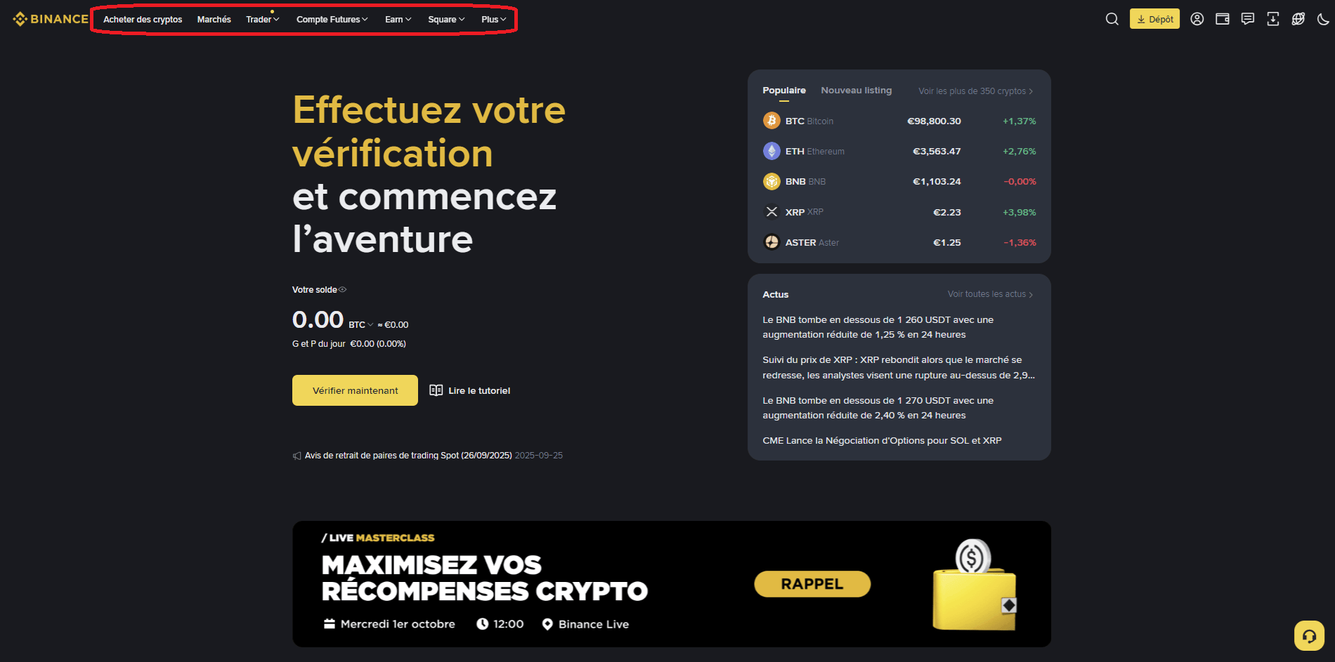 Les différentes options disponibles sur la page d'accueil Binance