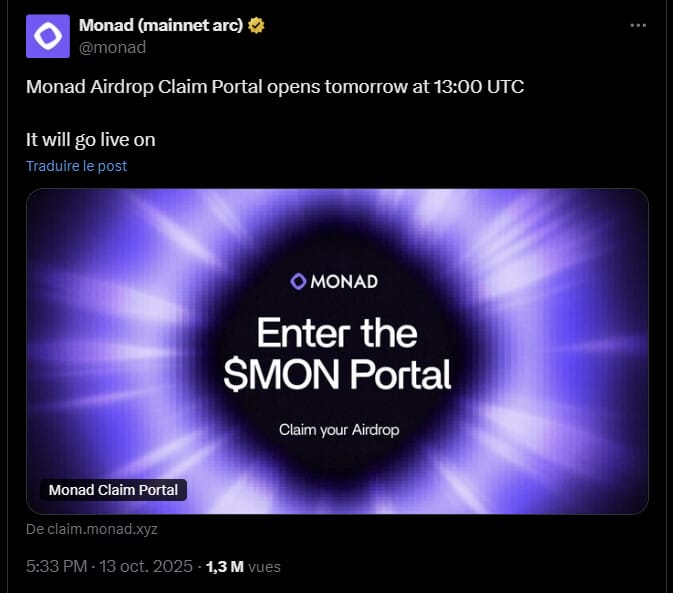 Publication de Monad sur X qui annonce le claim du token