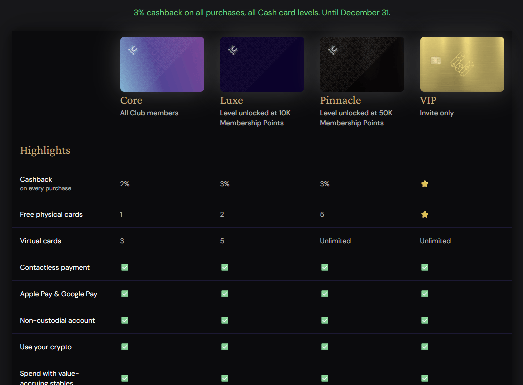 Les différentes cartes proposées par Ether.fi