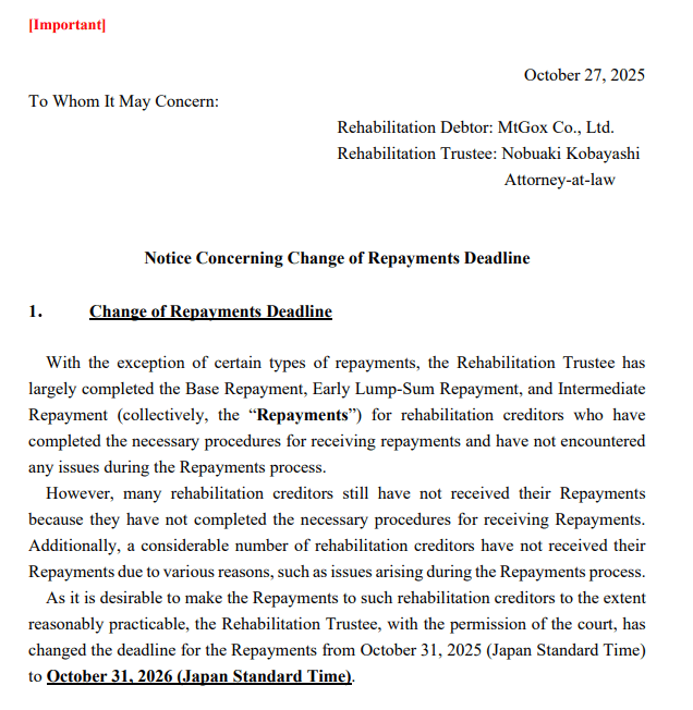 Extrait du communiqué des repreneurs judiciaires de Mt. Gox sur les remboursements en Bitcoin.