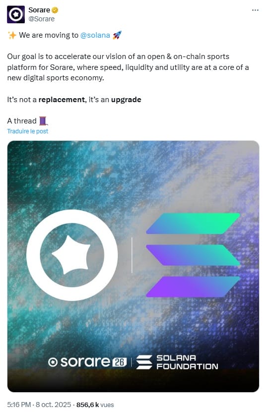 Sorare et ses NFT de sport quittent Ethereum pour Solana.