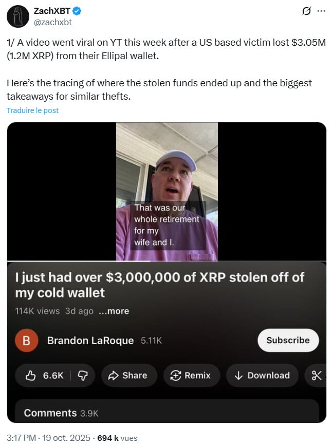 Un hack à plus de 3 millions de dollars en XRP.