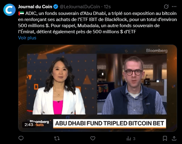 Le paysage de l'investissement institutionnel continue d'évoluer avec l'intégration progressive des actifs numériques. Une révélation récente émanant des dépôts de formulaires 13F auprès de la SEC des États-Unis confirme cette tendance : Al Warda Investments, une entité supervisée par le Conseil d'Investissement d'Abu Dhabi (ADIC), a procédé à une augmentation substantielle de sa participation dans l'iShares Bitcoin Trust (IBIT) de BlackRock. Cette opération, réalisée au troisième trimestre, a porté l'investissement à près de 8 millions d'actions, soit une augmentation de 230 %, pour une valeur estimée à 517,6 millions de dollars. Cette décision stratégique par le fonds souverain (filiale de Mubadala Investment Company) reflète une approche claire de la part d'un acteur financier majeur.