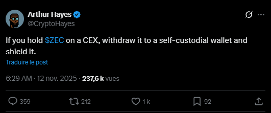 La semaine dernière, le cours du Zcash a atteint un nouveau plus haut à 700 dollars et depuis, le cours a amorcé une correction en repassant sous la barre des 500$. Mais ce n'est pas pour ça qu'Arthur Hayes, l’ancien CEO de BitMEX et figure médiatique de la crypto, a tiré la sonnette d’alarme et a appelé les détenteurs de Zcash à retirer leurs fonds des exchanges. 