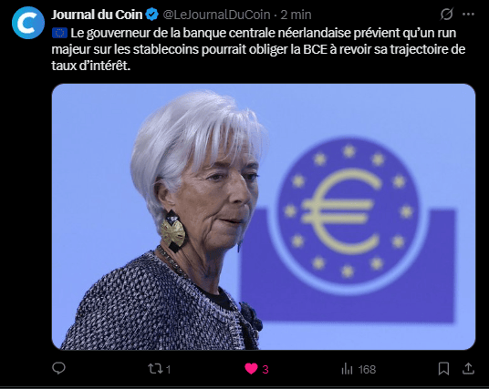 La Banque centrale européenne (BCE) a déclaré que les stablecoins pourraient menacer la stabilité financière si leur utilisation continue de croître sans réglementation adéquate. Ces déclarations interviennent alors que les stablecoins, comme Tether (USDT) et USD Coin (USDC), gagnent en popularité pour les transactions rapides et les transferts internationaux. Olaf Sleijpen, un haut responsable de la BCE, a même mis en garde contre le risque de « retraits massifs » qui pourraient forcer la banque à réévaluer ses taux d’intérêt. La BCE appelle donc à une réglementation plus stricte pour éviter des crises potentielles dans le système financier.