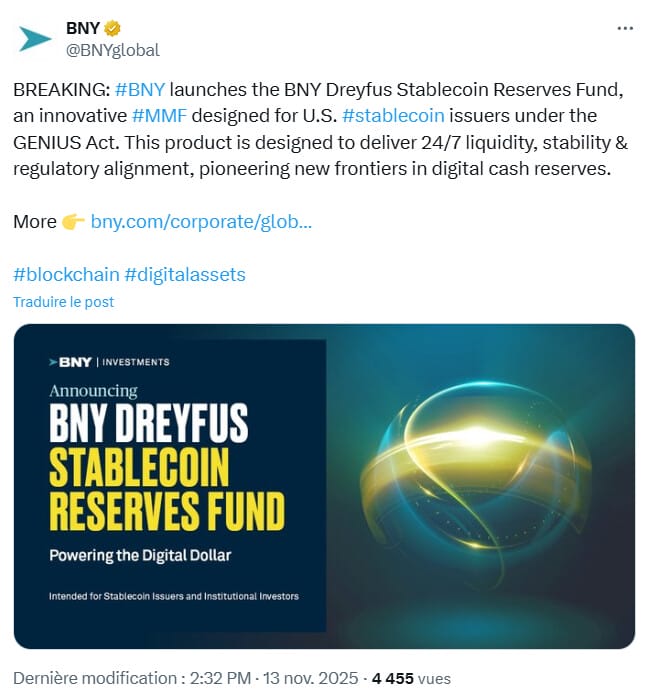 La banque BNY Mellon lance un fonds monétaire pour soutenir les stablecoins.