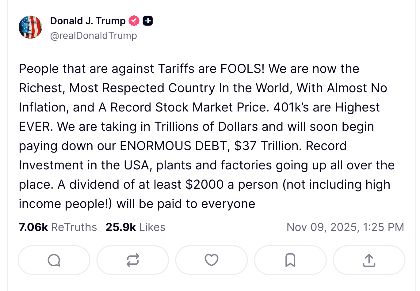 Donal Trump sur Truth Social 