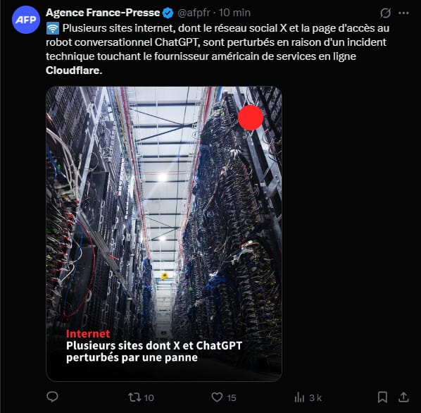  Aujourd'hui 18 novembre, le fournisseur de services Cloudflare a rencontré une panne majeure et cela a entrainé des perturbations sur de nombreuses plateformes qui utilisent ses services. Coinbase, Kraken ou encore Aave ont été touchées, mais apparemment, tout remarche normalement. 