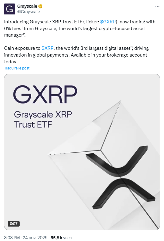 Grayscale lance son ETF XRP en bourse.