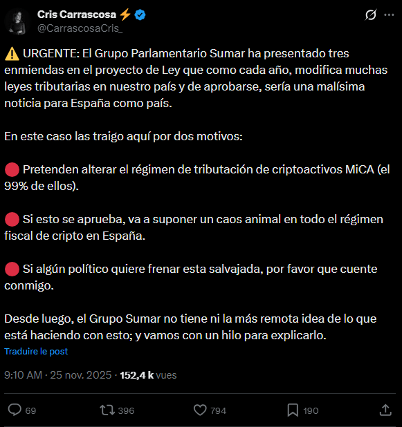 While Japan plans to cut taxes on cryptocurrencies to encourage innovation, Spain could do just the opposite. A new bill from the Sumar parliamentary group, which is part of the left-wing coalition, could significantly increase taxes on cryptocurrency winnings, from 30% to 47%. The measure, which aims to reform several tax laws, is already raising concerns among investors and experts who fear it could stifle Spain's nascent crypto sector. 