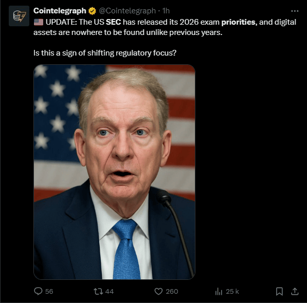La Division des Examens (Division of Examinations) de la U.S. Securities and Exchange Commission (SEC) a publié ses priorités pour l'exercice fiscal 2026 (FY2026). Ce document est la feuille de route du régulateur pour évaluer la conformité des acteurs du marché, poursuivant sa mission de protection des investisseurs. Les priorités reflètent une adaptation aux forces du marché, notamment l'innovation technologique et les risques opérationnels. Concernant la crypto, le mot n'apparait tout simplement pas, et certains y voient une marque de l'assouplissement règlementaire initié par le nouvel homme fort de l'institution, Paul Atkins. Voyons ça ensemble. 