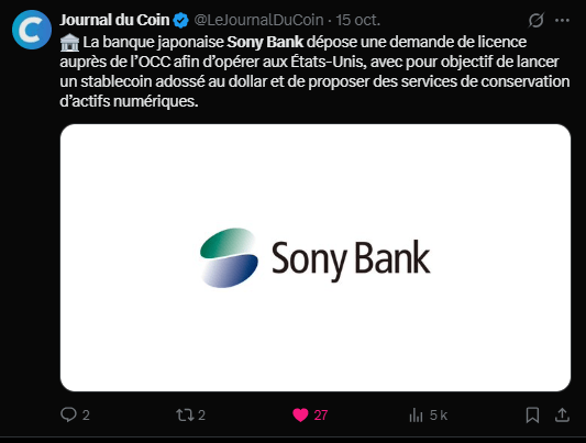 La récente adoption du GENIUS Act par le Congrès des États-Unis a ouvert la voie à une explosion réglementaire des stablecoins. Une situation largement soutenue par les émetteurs historiques comme Circle (USDC) ou Tether (USDT), mais également visiblement envisagée par certains acteurs inattendus, comme le groupe Sony. En effet, sa filiale Sony Bank a déposé une demande d’autorisation en ce sens auprès du Bureau du contrôleur de la monnaie (OCC). Une initiative qui ne plaît pas du tout aux banquiers américains…