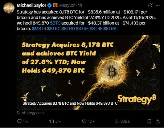 Michael Saylor, le patron de Strategy vient d’annoncer l’achat massif de 8 178 bitcoins pour un montant de 836 millions de dollars. Cette acquisition porte le total de ses avoirs en Bitcoin à 649 870 BTC, soit environ 62 milliards de dollars. Avec un prix moyen d’achat de 74 433 dollars par bitcoin, le monsieur continue de montrer une confiance inébranlable dans la première cryptomonnaie du marché, malgré les fluctuations du marché.