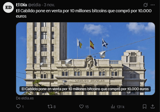 En 2012, le Conseil de Tenerife a acquis 97 bitcoins dans le cadre d’un projet de recherche sur la blockchain. Désormais, ces derniers souhaitent revendre leur butin d’une valeur de 10 millions de dollars pour financer de nouveaux projets de recherche. Comme quoi, quand le personnel politique est bien conseillé et bien inspiré, cela peut profiter à la population.