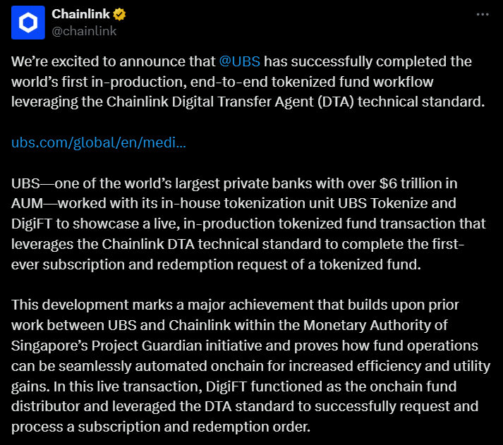 La banque suisse UBS vient de réaliser une première mondiale en utilisant la technologie de Chainlink pour la tokenisation de fonds. Cette transaction marque un tournant dans la façon dont les institutions financières gèrent et échangent des actifs, en exploitant notamment le potentiel des smart contracts et de la blockchain pour améliorer l’efficacité et la rapidité des opérations.
