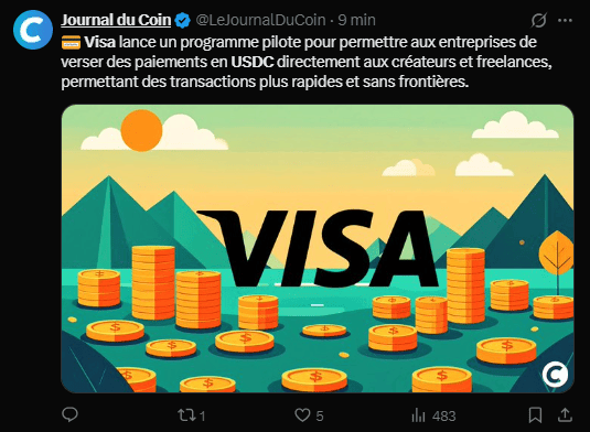 Les stablecoins sont devenus en quelques années un des piliers de l’écosystème crypto et même les géants du paiement traditionnel s’y intéressent de près. Ainsi, depuis plusieurs mois, Visa multiplie les annonces liées aux stablecoins et le géant du paiement vient tout juste d'annoncer le lancement d'un projet un pilote pour permettre aux créateurs de contenu d’être payés en USDC.