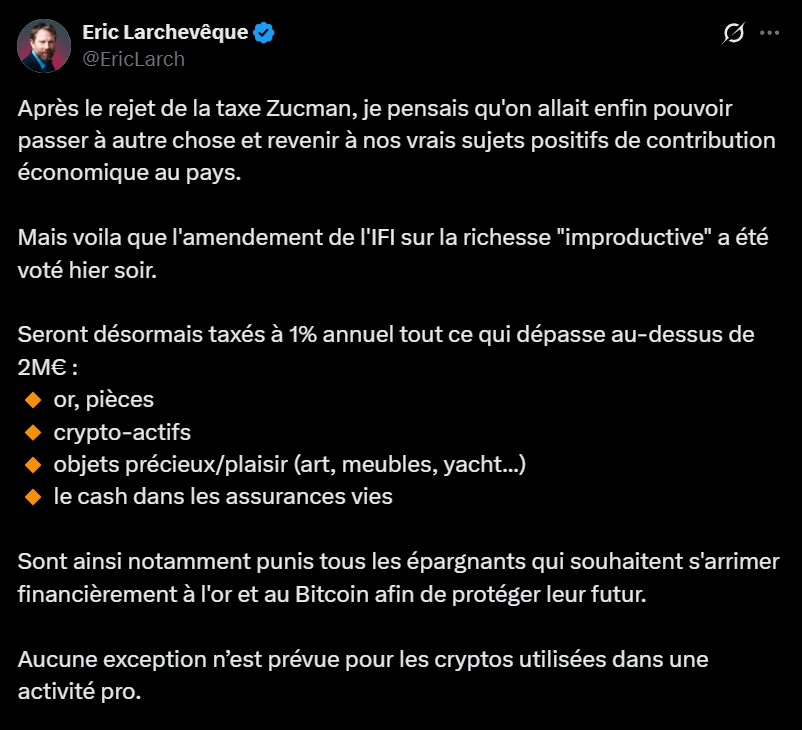 L'adoption d'un amendement transformant l'Impôt sur la Fortune Immobilière (IFI) en un Impôt sur la Fortune Improductive (IFI-Improductif) par l'Assemblée nationale le 31 octobre 2025 marque un tournant significatif dans le paysage fiscal français. Déposé par le député MoDem Jean-Paul Mattei, ce texte a été voté par une alliance hétéroclite de partis (RN, PS, MoDem, Liot).

Il vise à élargir l'assiette de l'impôt aux actifs jugés non contributeurs au « dynamisme économique ou à la transition écologique », suscitant de vives réactions, notamment chez les détenteurs d'actifs numériques. On fait le point sur un projet loin de faire l'unanimité.