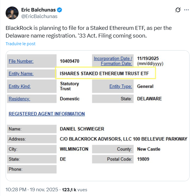 BlackRock dépose une demande d'ETF Ethereum avec staking intégré.