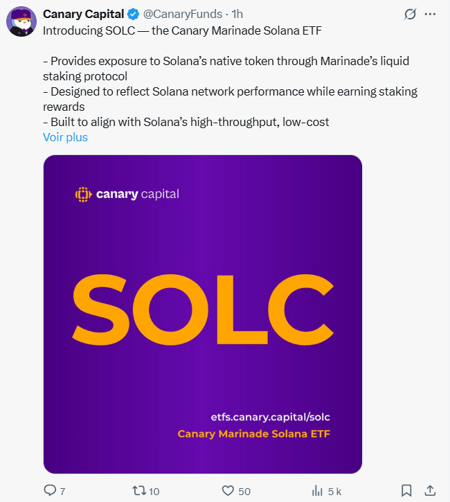 Canary Capital lance son ETF Solana au comptant, SOLC.