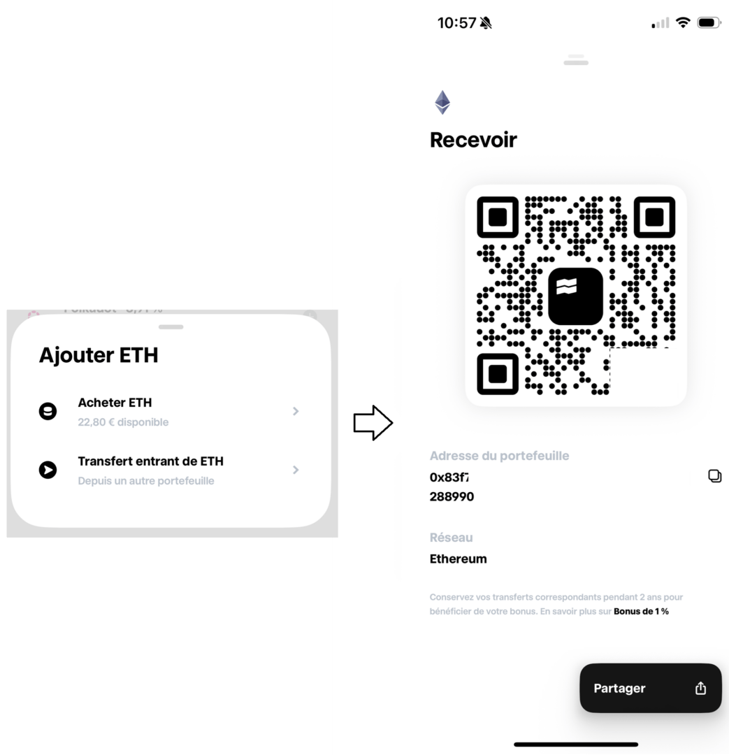 Page de réception pour vos cryptos envoyées depuis un wallet externe