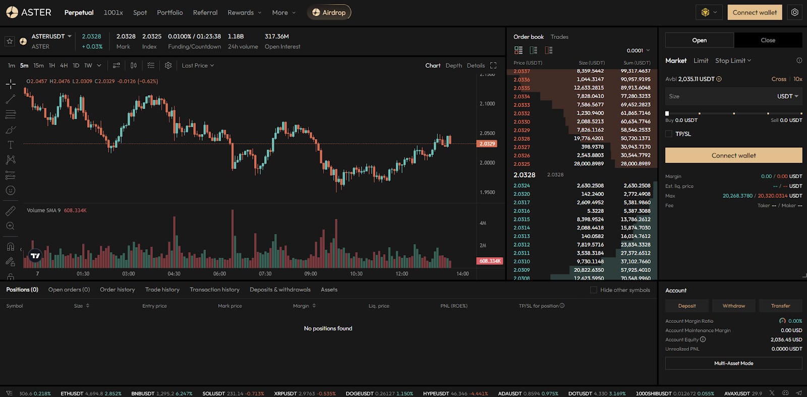 tableau de bord du DEX Aster
