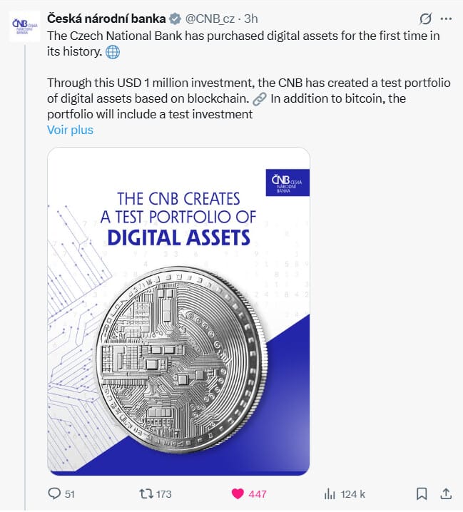 La Banque nationale tchèque lance une réserve en Bitcoin, stablecoin et dépôt tokenisé.