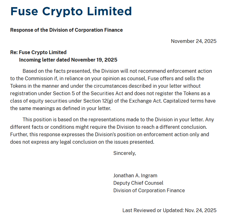 La SEC ne poursuivra pas Fuse si le projet crypto respecte sa méthode de distribution de son jeton FUSE.