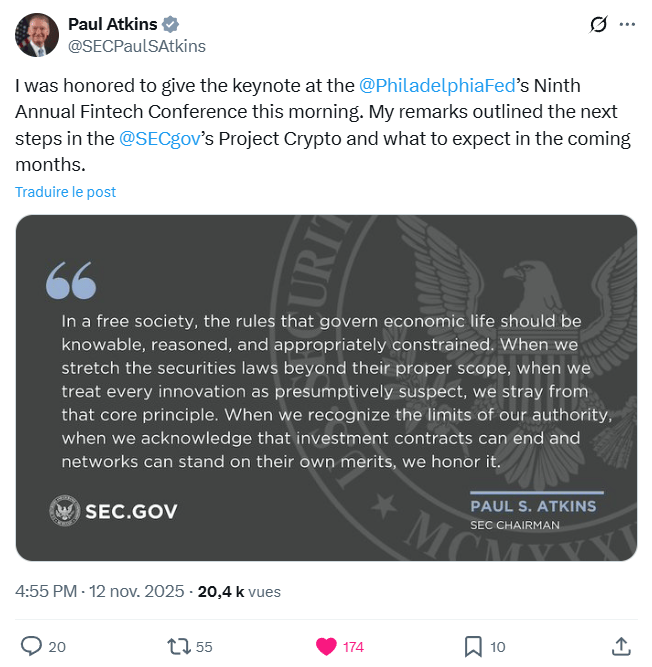 Le patron de la SEC, Paul Atkins, définit les tokens considérés comme securities.