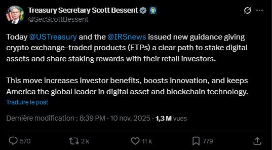 La nouvelle est de taille et elle pourrait bien changer la donne sur le marché crypto. Le fisc américain, l’IRS (Internal Revenue Service), vient en effet de publier une directive qui autorise les fonds négociés en bourse (ETP) à participer au staking de cryptomonnaies. Une décision qui ouvre la porte à une nouvelle ère d’investissement pour ces produits financiers (ETP) et qui pourrait bien dynamiser le secteur.