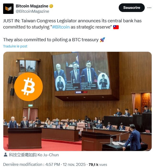 Taïwan va tester une réserve stratégique nationale de Bitcoin.