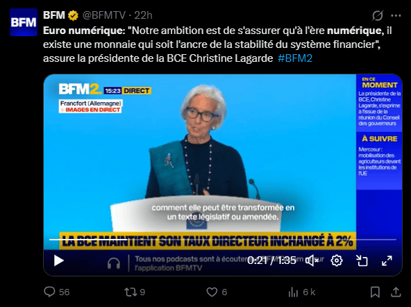 La Banque centrale européenne (BCE) a annoncé que l’euro numérique était prêt à être lancé, marquant une étape majeure dans le projet de monnaie numérique de la banque centrale (MNBC). Lors d’une conférence de presse, Christine Lagarde, présidente de la BCE, a déclaré que les travaux techniques et préparatoires étaient bel et bien terminés, mais que la décision finale dépend désormais du Conseil européen et du Parlement européen. Cette monnaie numérique vise, selon elle, « à moderniser le système financier européen et à offrir un moyen de paiement numérique sécurisé et accessible à tous ».