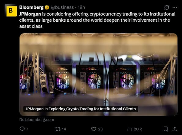 La banque JPMorgan Chase est un acteur important de la finance traditionnelle et depuis plusieurs années, celle-ci explore les cryptomonnaies et leurs applications. Désormais, la banque pourrait passer à l’étape supérieure en proposant le trading de cryptomonnaies à ses clients institutionnels. 