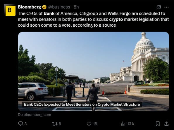 Selon la presse américaine, les PDG des trois plus grandes banques américaines sont attendus ce jeudi 11 décembre au Sénat pour une audition devant la Commission des finances et il sera question de la structure des marchés financiers et de la place de la cryptomonnaie dans le système financier. Brian Moynihan de la Bank of America, Jane Fraser de Citigroup et Charlie Scharf de Wells Fargo devront répondre aux questions des sénateurs sur ce sujet sensible alors que le projet de loi sur la structure des marchés financiers est justement en discussion au Congrès.